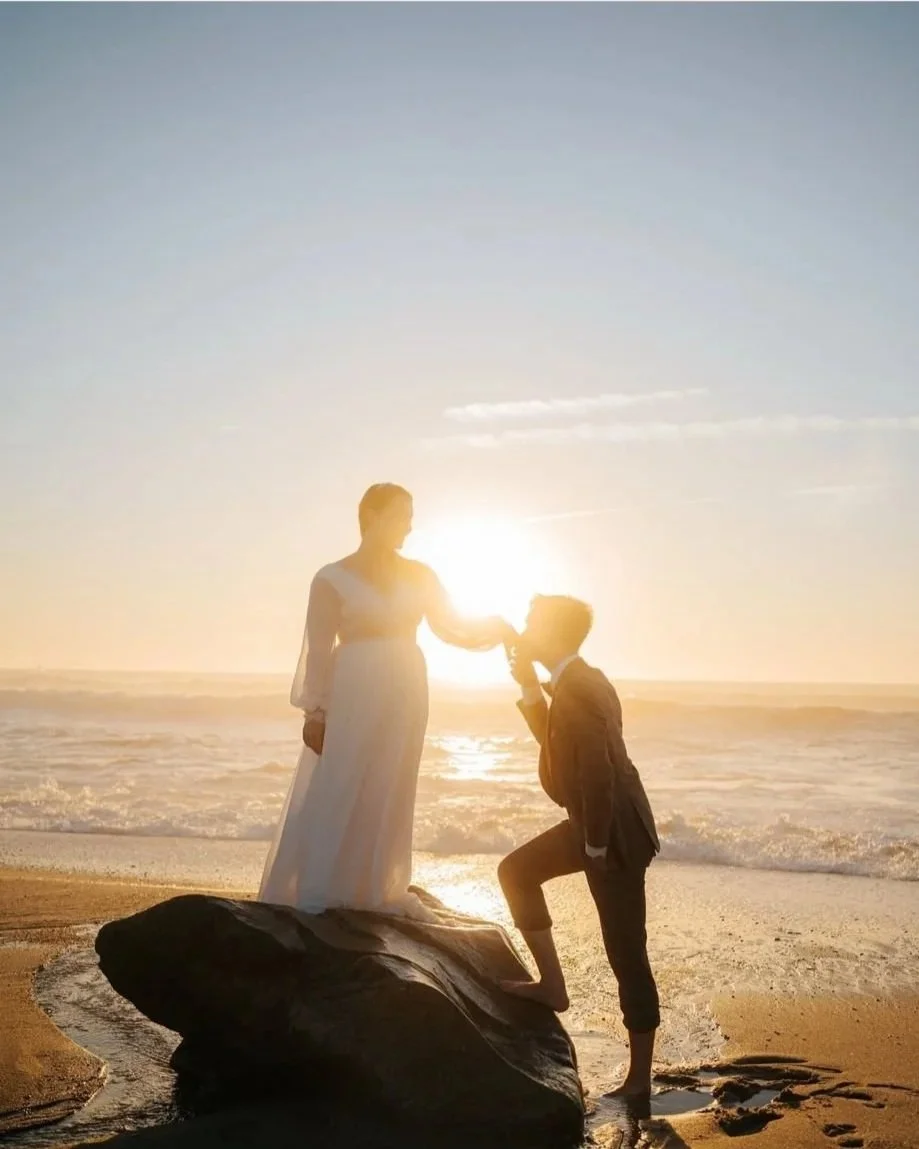 Seaside wedding in Portugal with ocean views and golden sunset light
