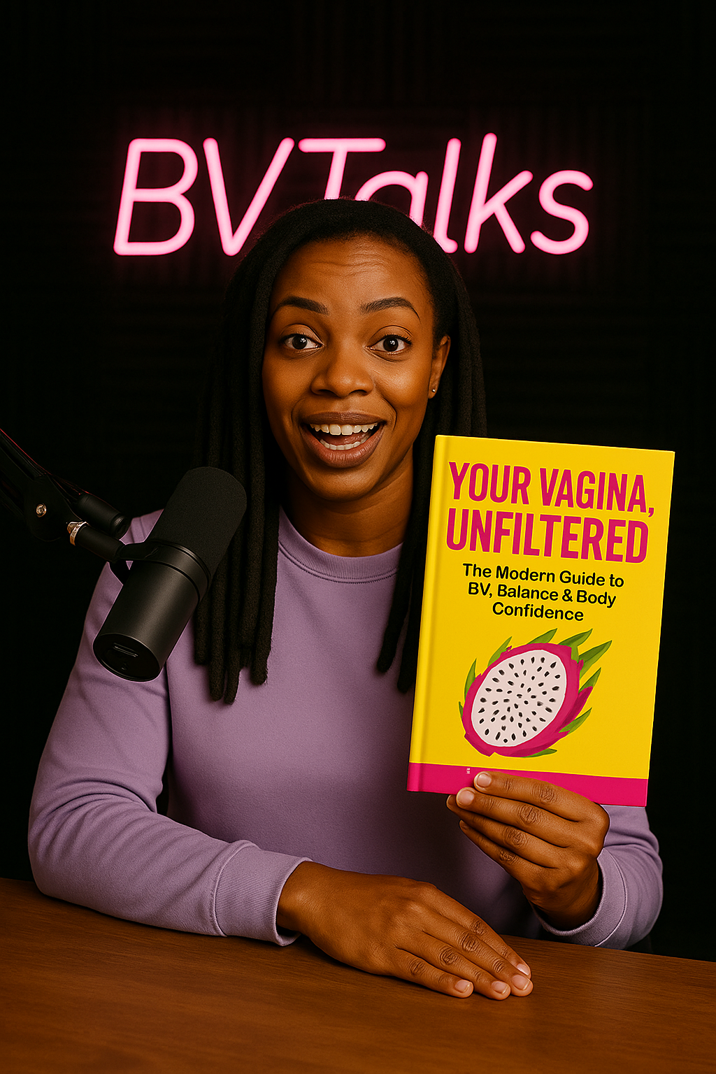 A woman smiling at the camera, holding a book titled "Your Vagina, Unfiltered" in front of a black background with a pink neon sign that reads "BV Talks." She is sitting at a table with a microphone placed in front of her.