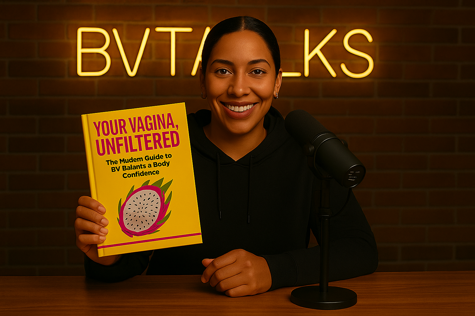 A woman sitting at a table in a recording studio, holding a book titled "Your Vagina, Unfiltered" with a yellow cover and an illustration of a dragon fruit. She is smiling, has dark hair pulled back, and is wearing a black hoodie. There is a microphone on a stand in front of her, and a neon sign behind her with the word "BF TALK" against a brick wall.