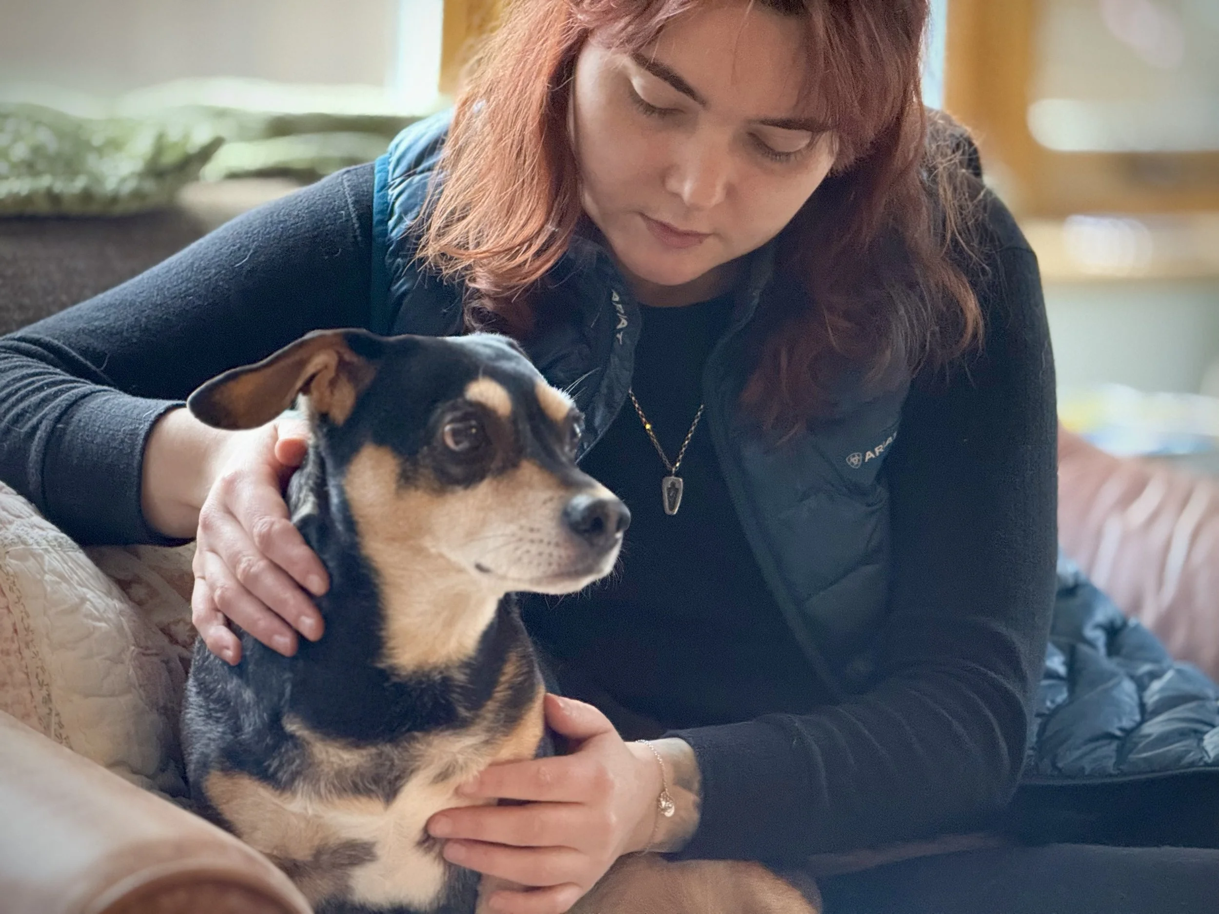 A woman with red hair and a black vest gently massaging a small black and tan dog on a couch indoors.