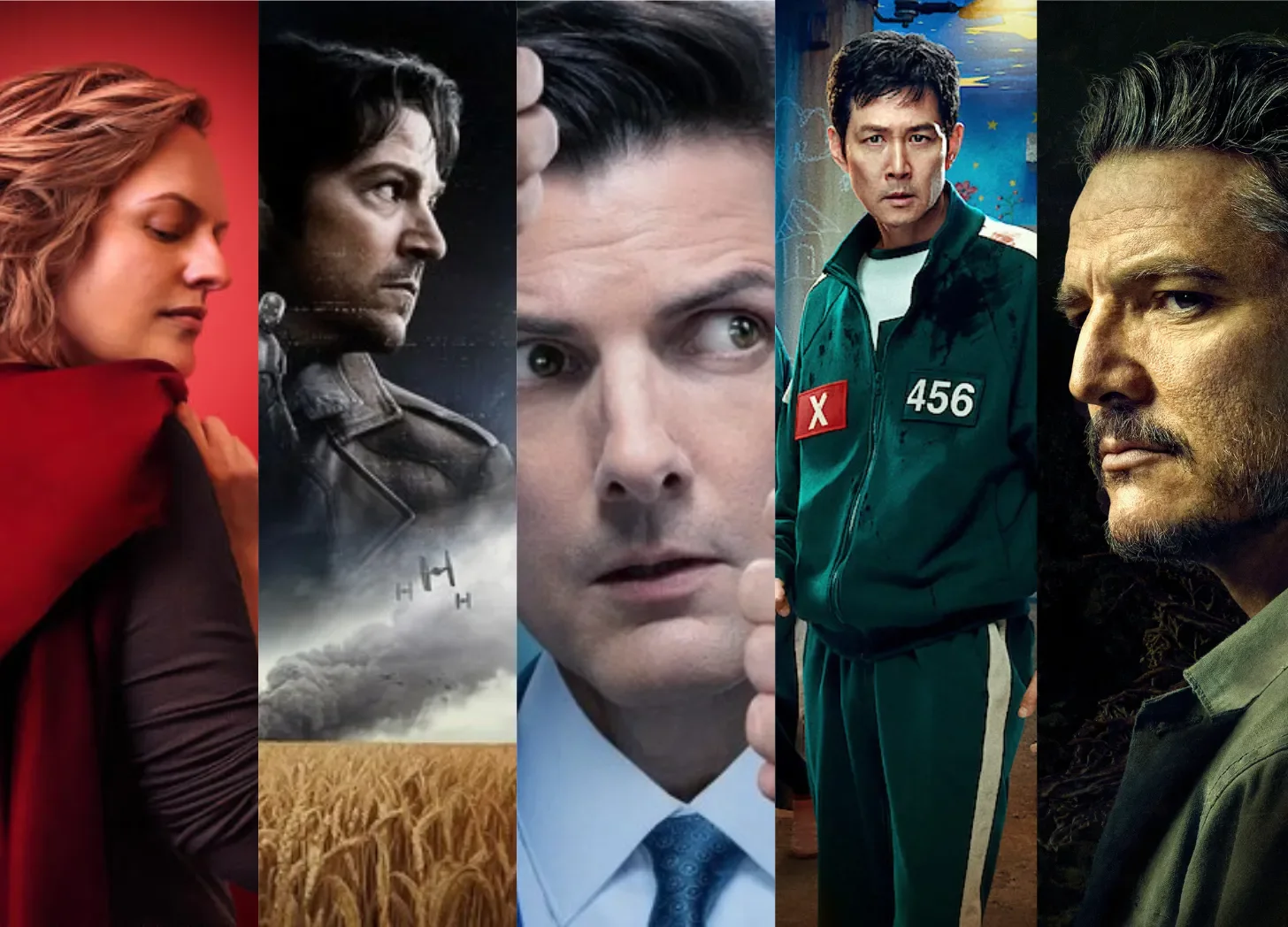 Collage of five different TV show or movie characters, including a woman in a red cape, a man in a leather jacket with a honey bee diagram, a man speaking into a microphone, a man in a green tracksuit, and a man in a dark shirt, all with serious or intense expressions.