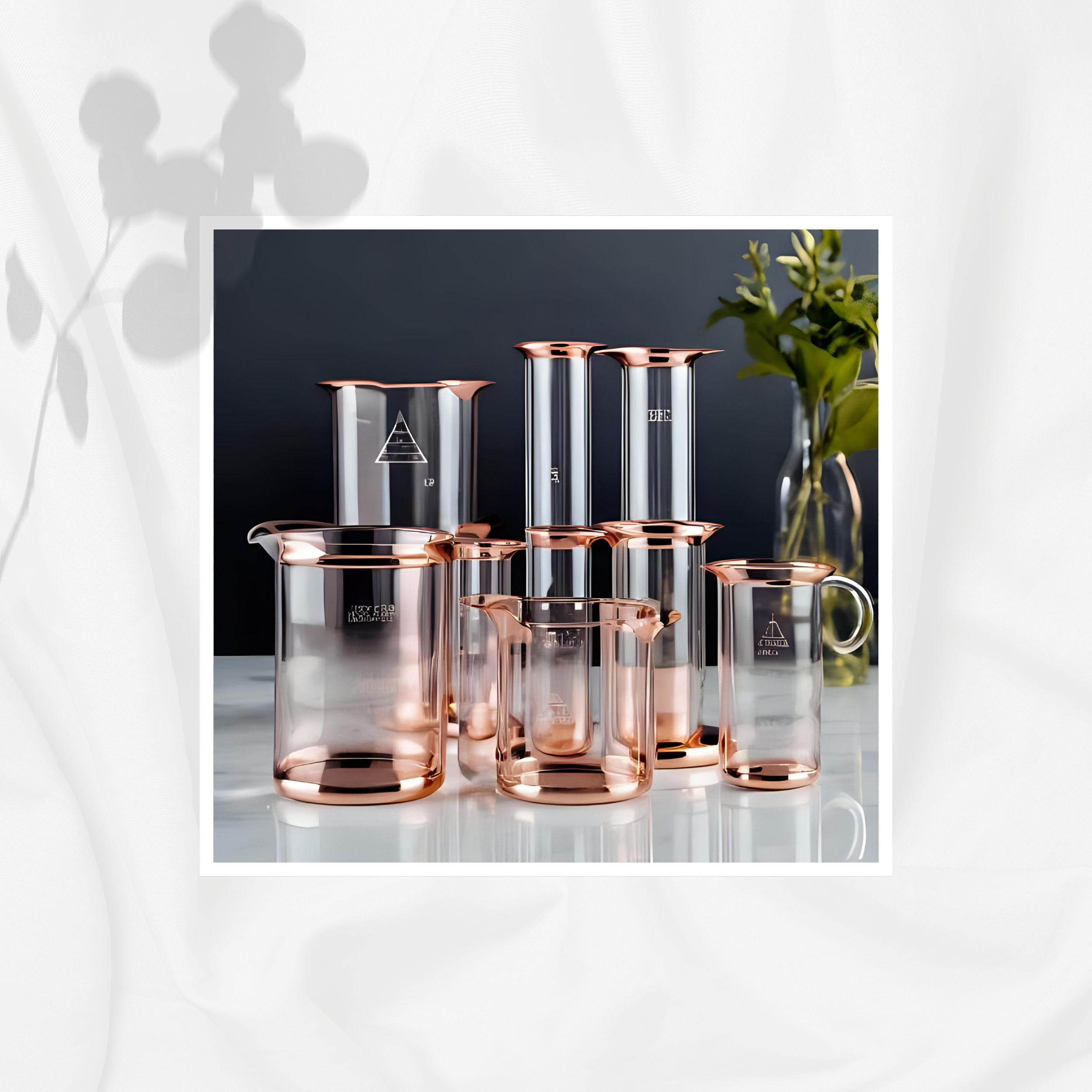 A set of modern, transparent glassware with rose gold accents, including pitchers, tumblers, and measuring jugs, arranged on a white surface with a dark background and a green plant in a glass vase in the background.