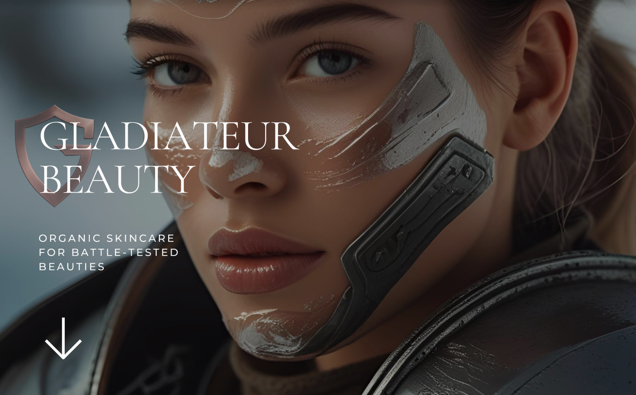 Close-up of a woman with blue eyes and makeup, applying a metallic face mask, wearing futuristic armor, with text overlay about organic skincare for battle-tested beauties.