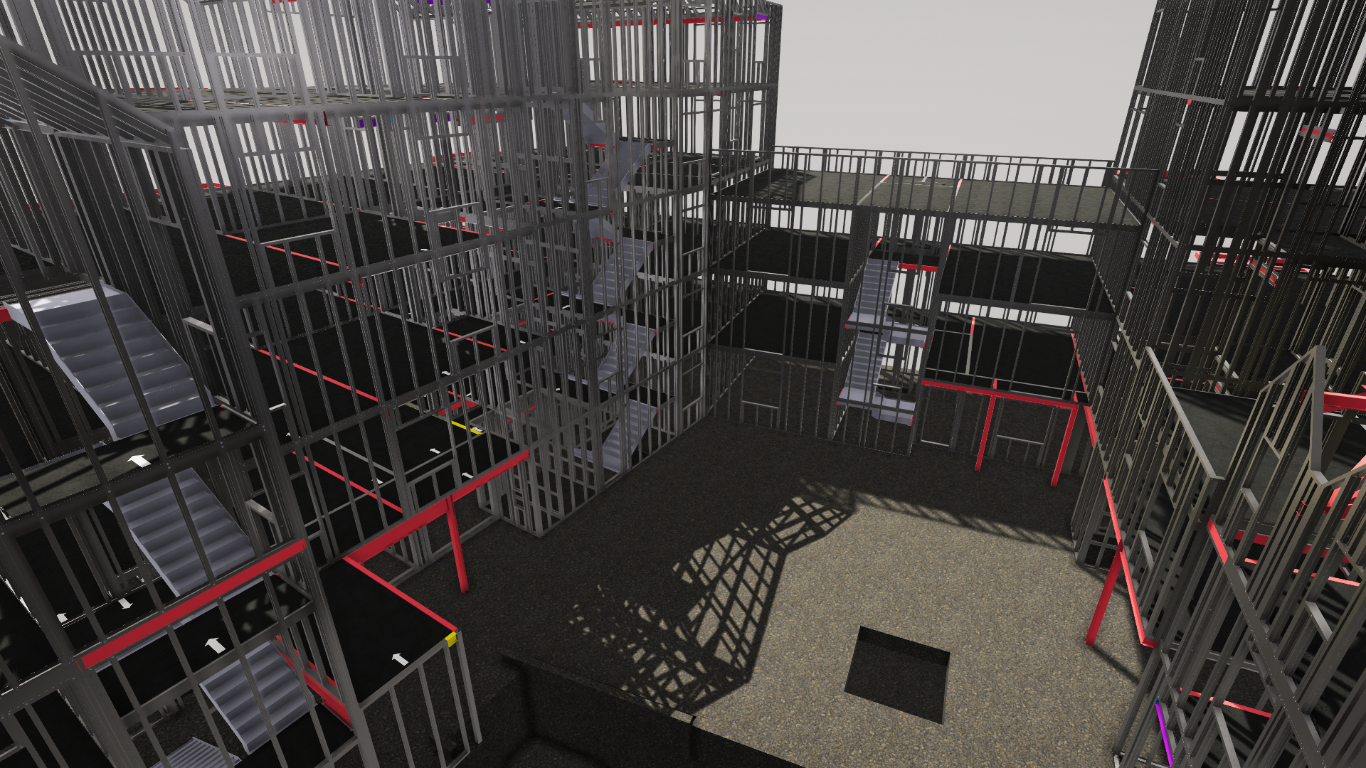 Digital rendering of a multi-level scaffolding structure with stairs, platforms, and support beams, set outdoors on a gravel surface.