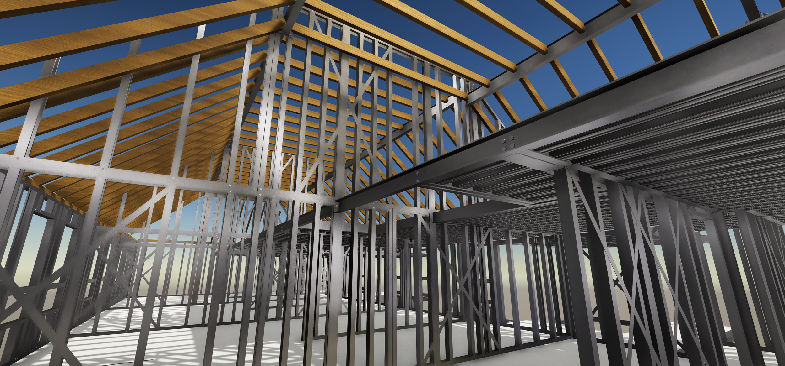 Construction site showing a building with steel framing and wooden roof supports, under a clear blue sky.