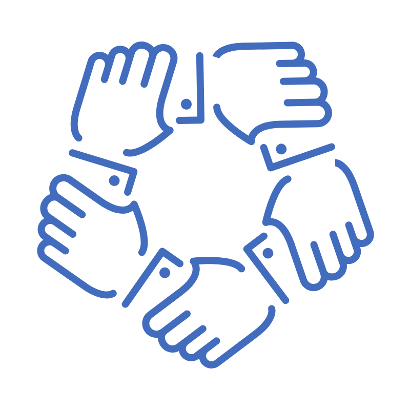 Line drawing of four hands forming a circle in a handshake, symbolizing teamwork or unity.
