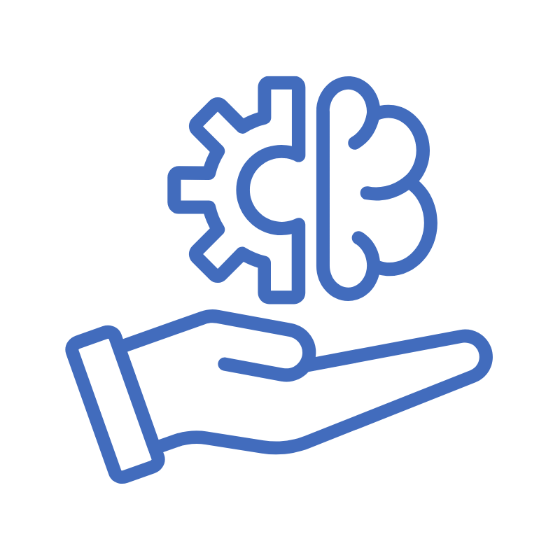 A hand holding a gear and a brain icon, representing mental or cognitive work.