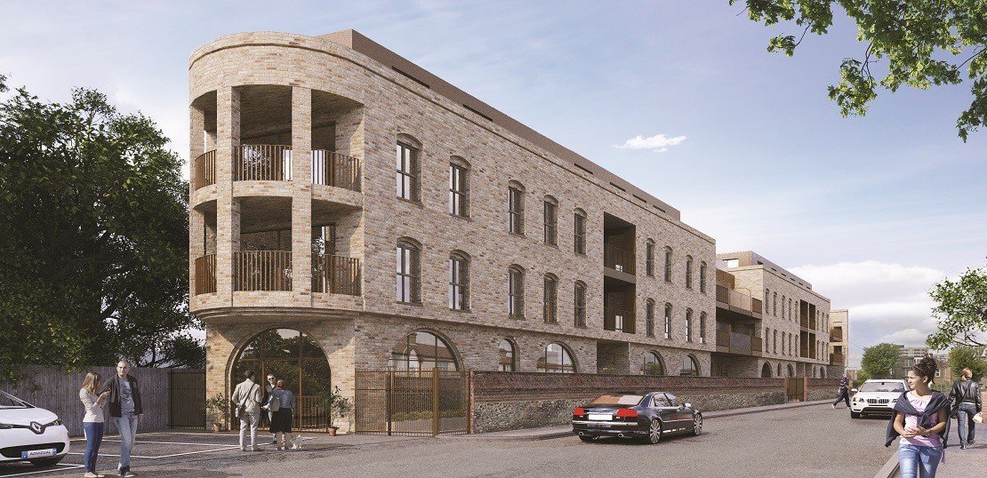 Render of a modern, multi-story brick residential building with rounded balconies on a city street, with people walking and cars parked outside.