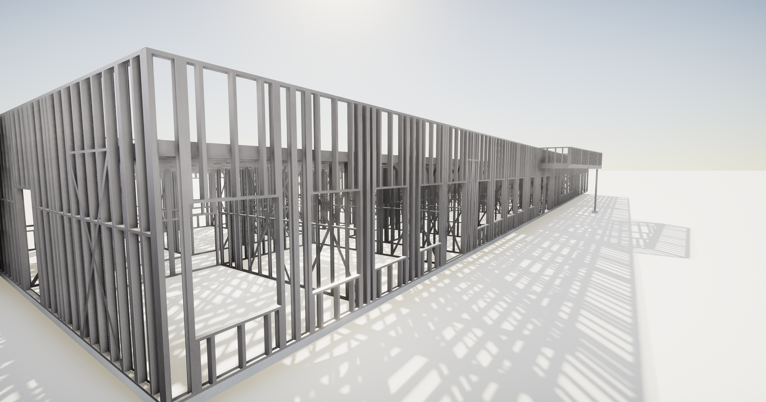 Under construction building with visible framed walls and shadows cast by wooden studs, on a clear day with a minimal background.