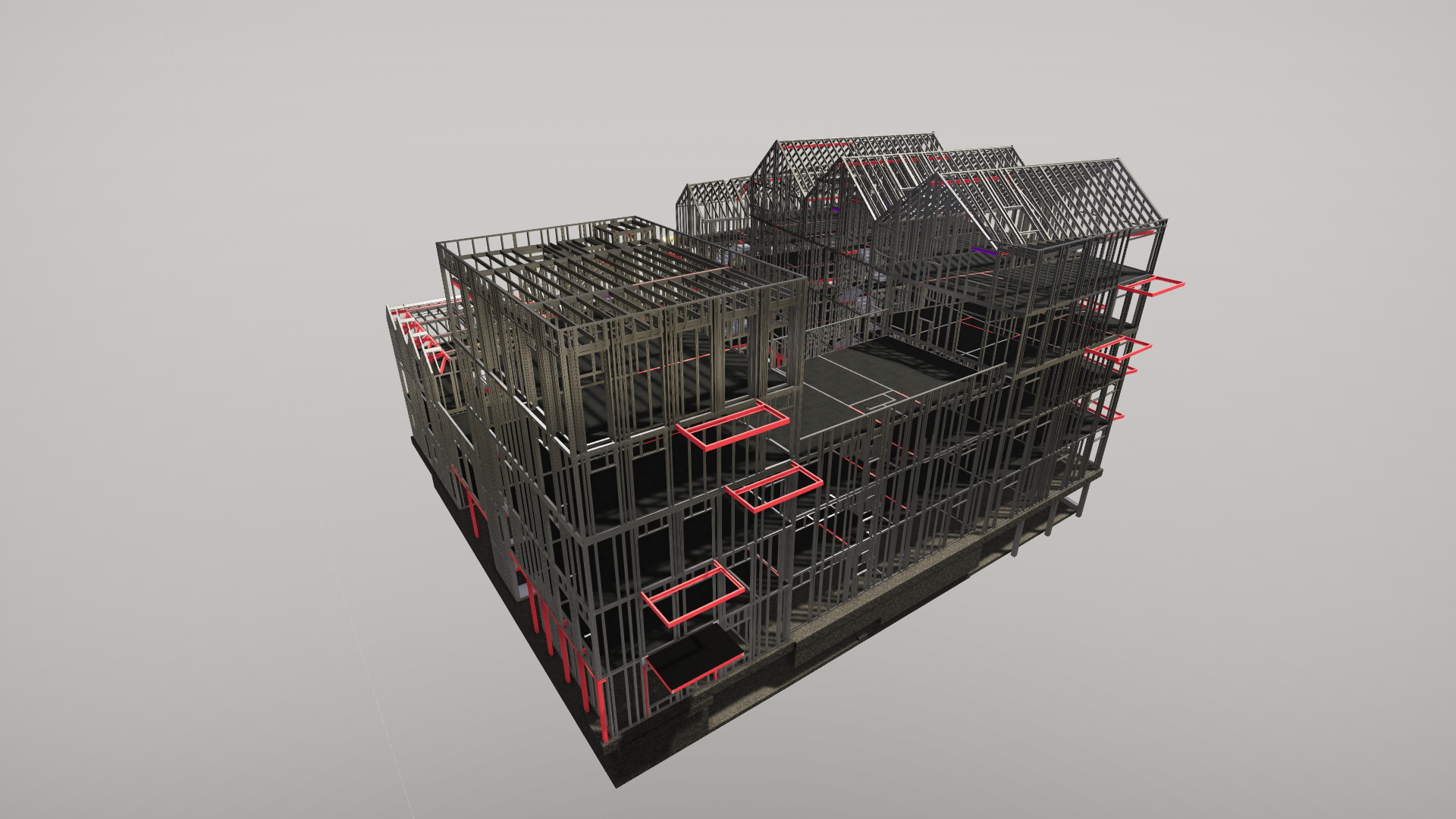 3D model of a multi-story building under construction with exposed framed structure and balconies outlined in red.