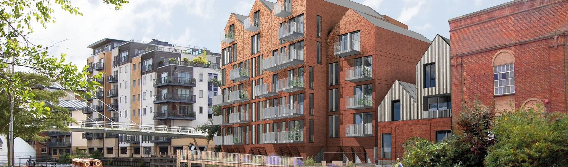 A digital rendering of modern residential buildings with contemporary architecture, including brick and wood facades, balconies, and green spaces, set against a cloudy sky with trees in the foreground.