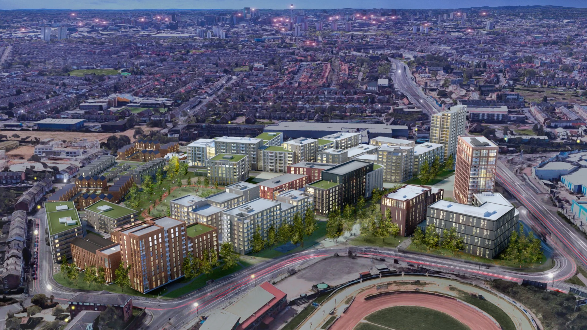 Aerial view of a modern urban residential complex with multiple apartment buildings, green spaces, and a surrounding cityscape at dusk. The buildings vary in height and design, with some featuring rooftop gardens.