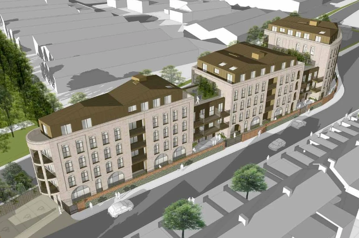 A 3D rendering of a multi-story residential building complex on a sloped street with trees, cars, and pedestrians, showing a modern architectural style with large windows and balconies.