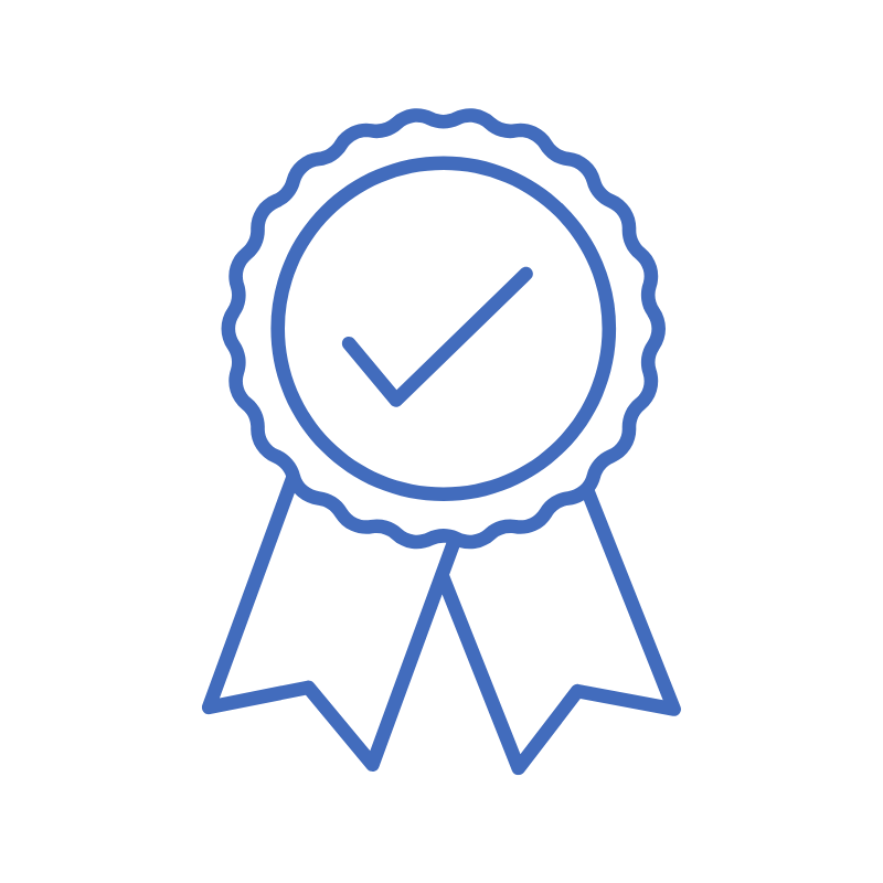 Blue line icon of a medal with a checkmark inside and two ribbons hanging down.