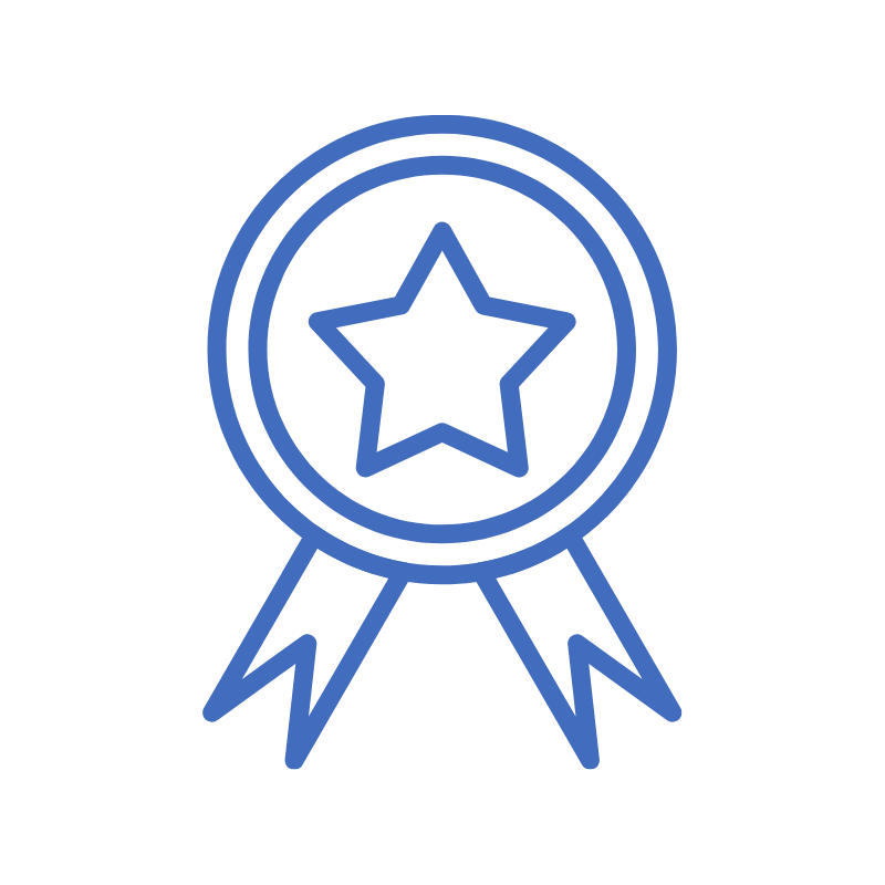 A line drawing of a medal with a star in the center and two ribbons hanging from the bottom.