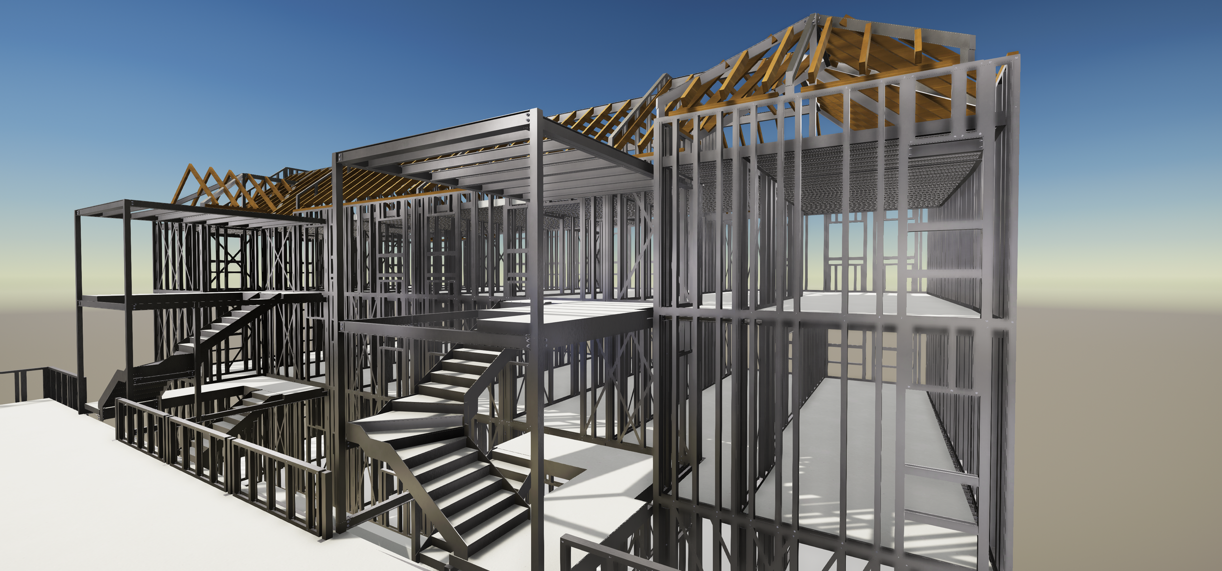 Digital rendering of a multi-story building under construction, showing steel framing, stairs, and wooden roof trusses against a clear blue sky.