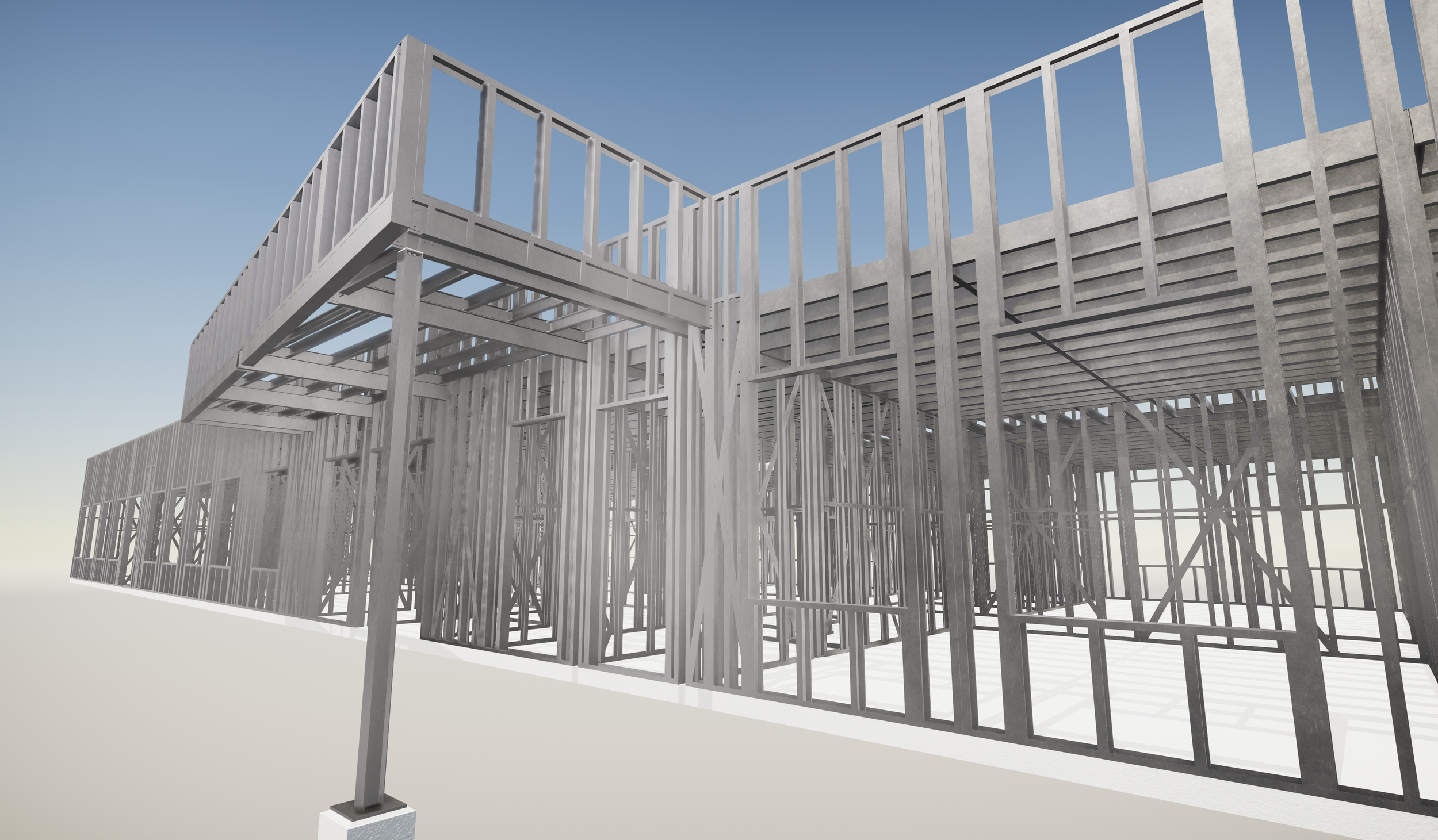 Under construction building with wooden framing and scaffolding, blue sky in background.