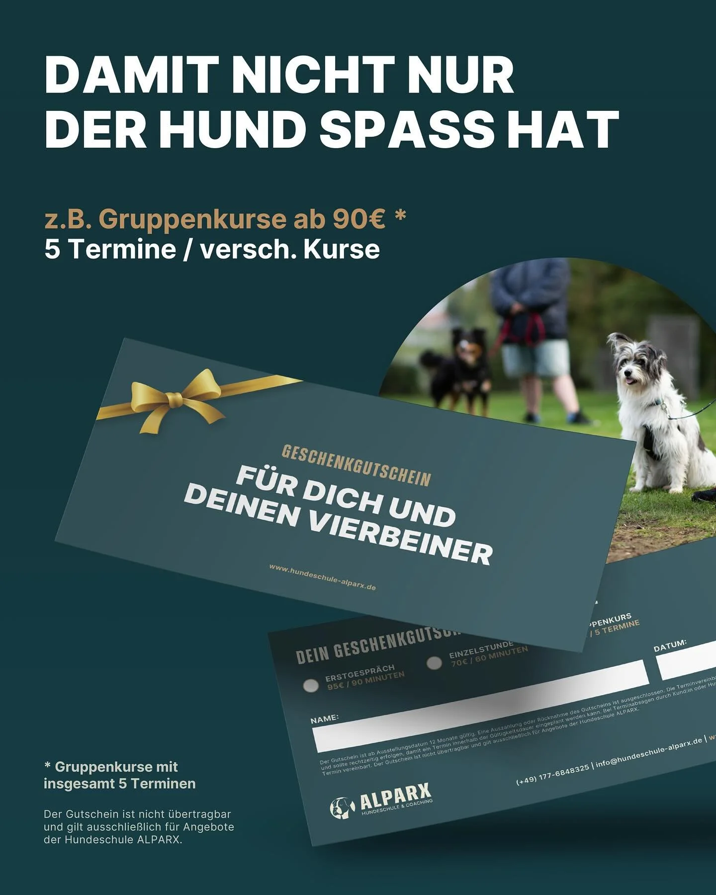 Auf der Suche nach einer Geschenkidee f&uuml;r Mensch und Hund? 🎁🐾 
Die Geschenkgutscheine f&uuml;r Hundetraining sind flexibel einl&ouml;sbar, z. B. f&uuml;r einen Gruppenkurs mit 5 Terminen.

Zur Auswahl stehen u. a.: &bull; Impulskontrolle &ndas