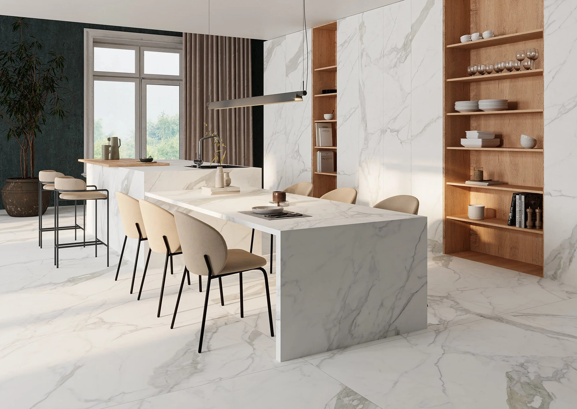 Modern kitchen with white marble countertops and floors, beige chairs around island, wooden shelves with dishes, and large window with curtains.