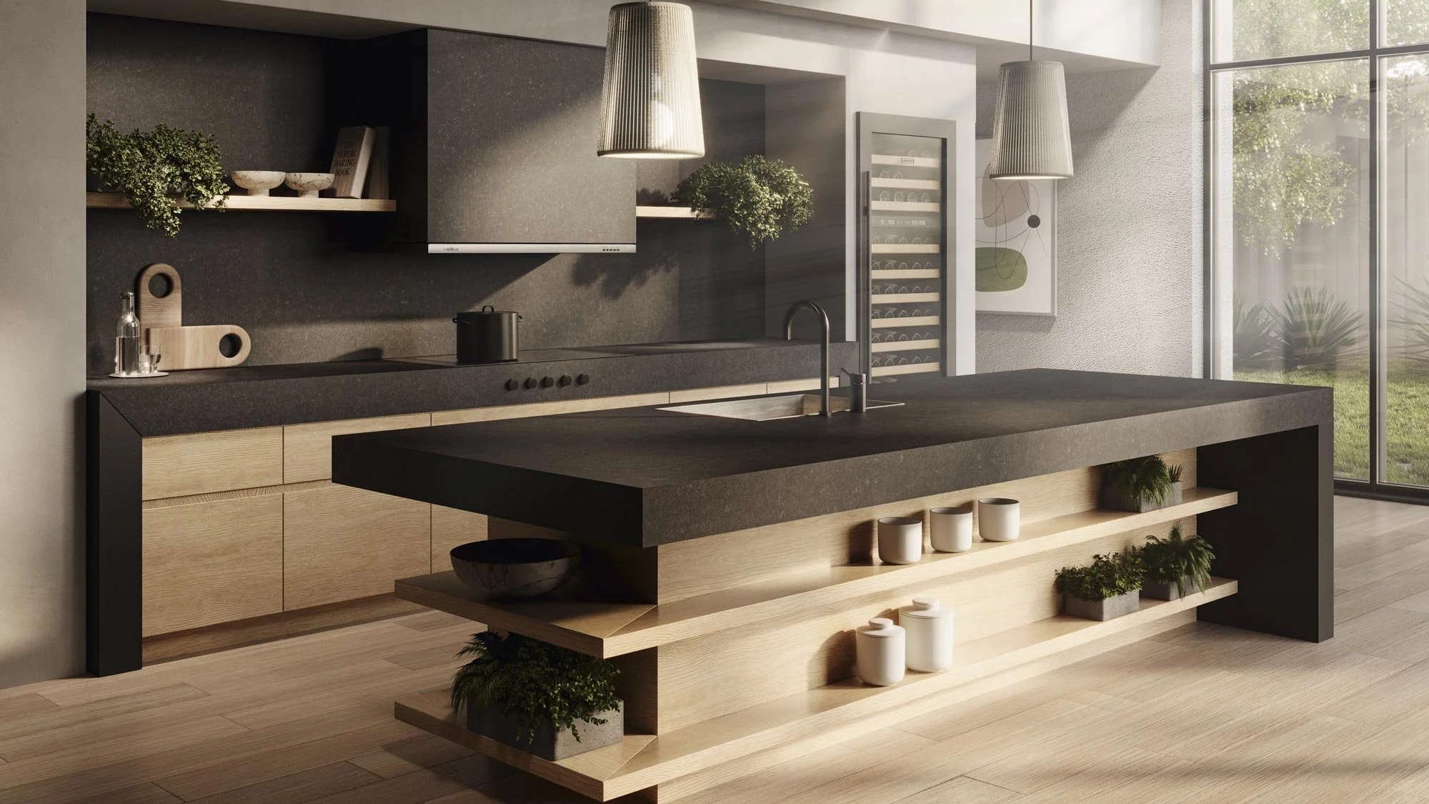 Modern kitchen with black countertops, light wood cabinets, open shelves with plants and bowls, and a large island with potted plants and white containers, illuminated by natural light from large windows.