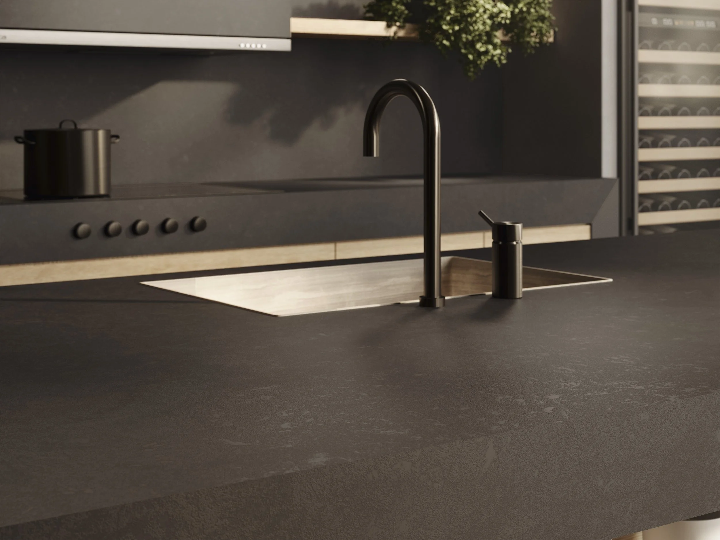 Modern kitchen countertop with black sink and tall black faucet, with stove and plant in the background.