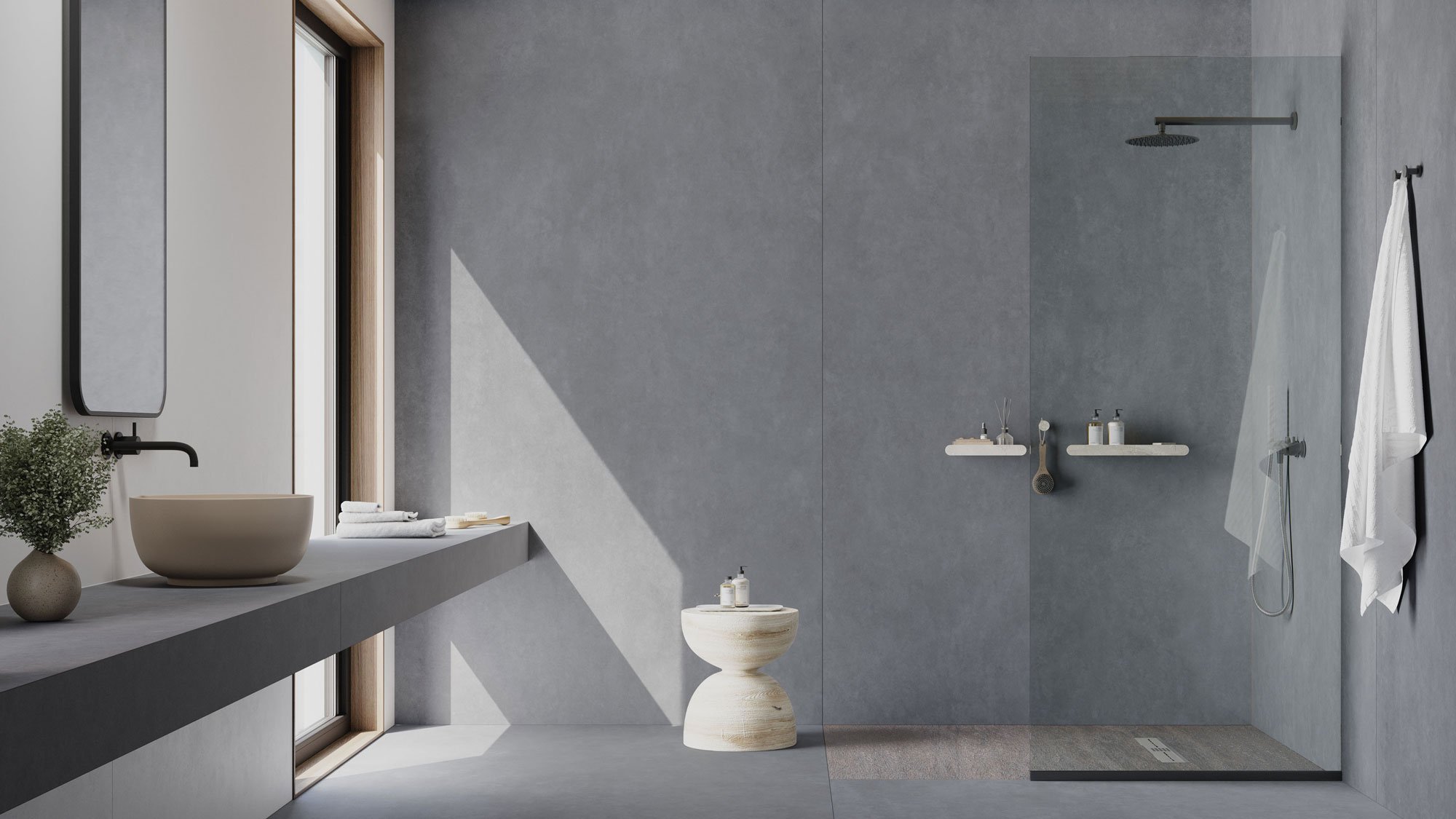 Minimalist modern bathroom with a large window, beige sink, potted plant, white towels, and a walk-in shower with a black rainfall showerhead and white towels hanging.
