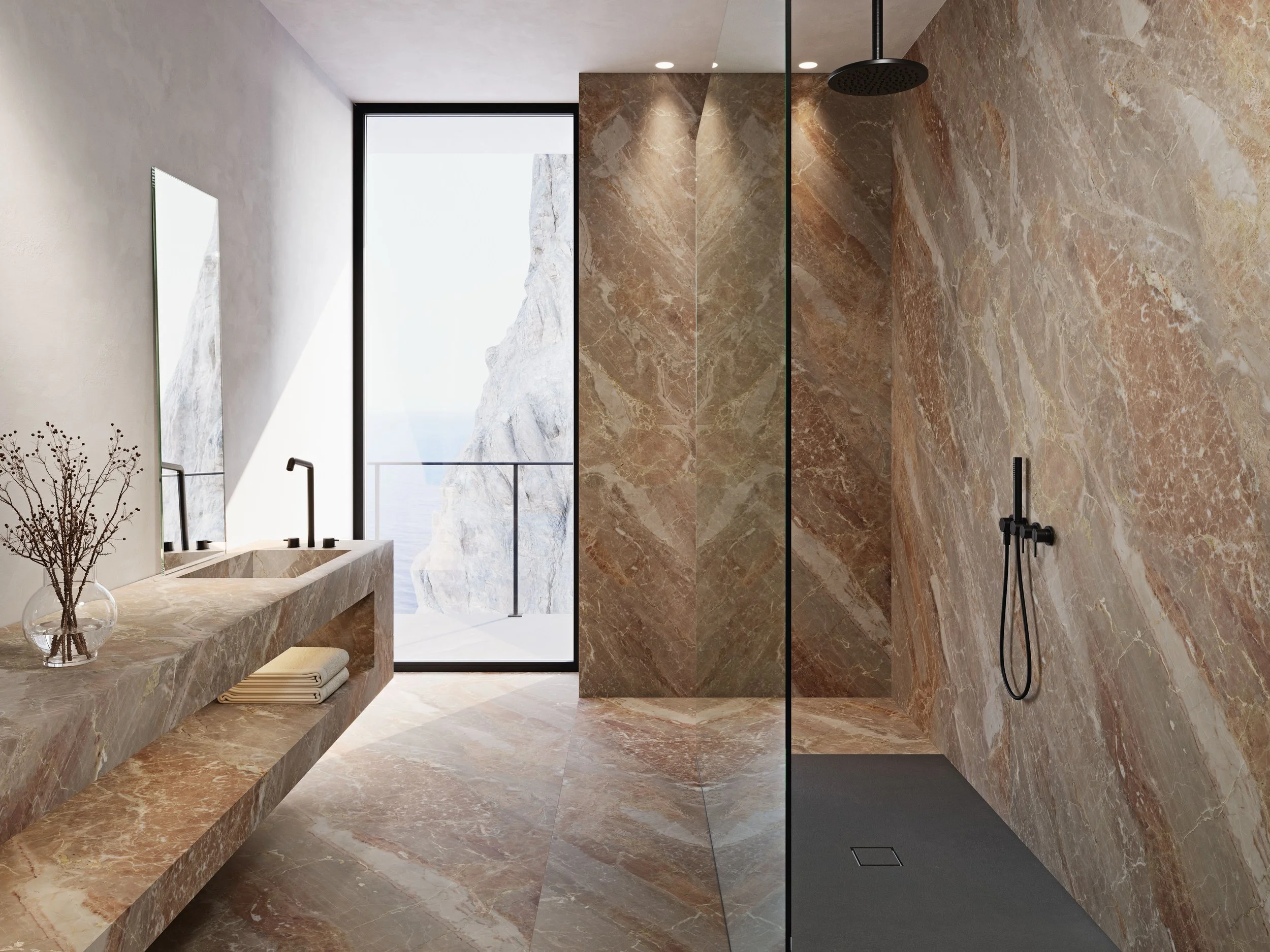 Modern bathroom with marble walls and floor, vanity with sink and black faucet, large window with mountain view, walk-in shower with black fixtures.