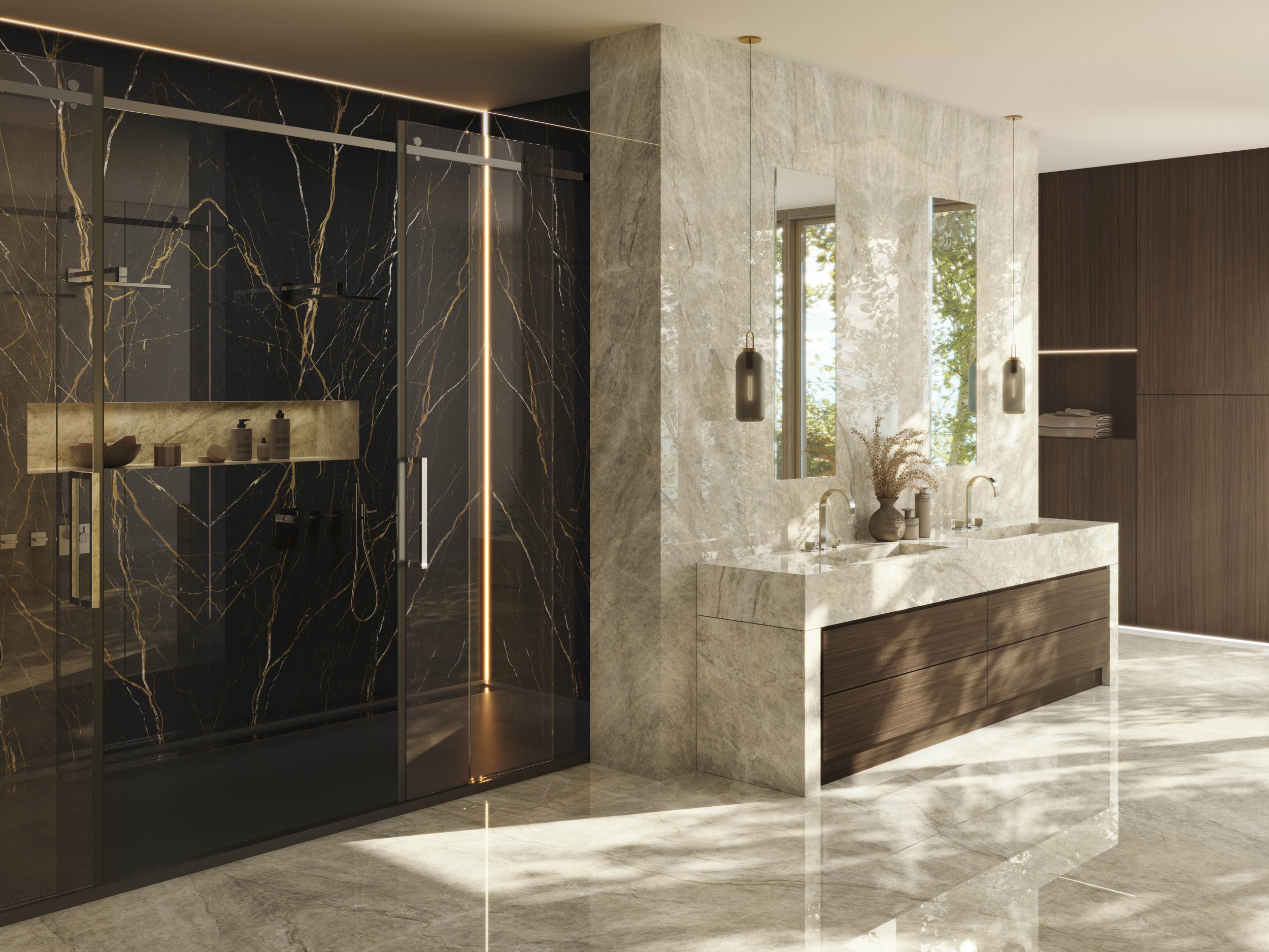Modern bathroom with dark marble shower area and a dual sink vanity with beige marble countertop and wooden cabinetry, large mirror, and window with greenery outside.
