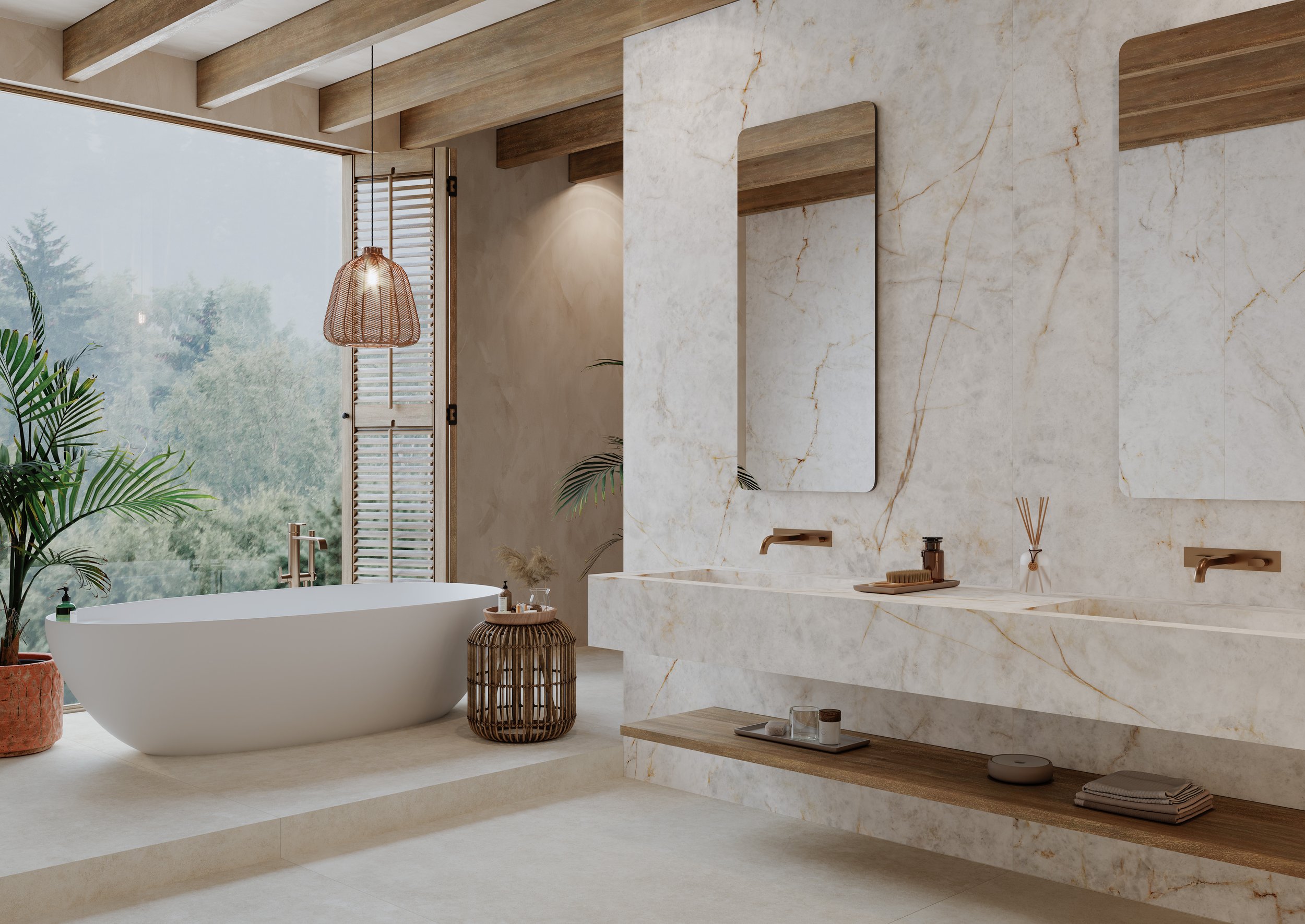 Modern bathroom with a white freestanding bathtub near a large window, a stack of towels on a wooden shelf, and a vanity with two sinks, large mirrors, and brown accents.