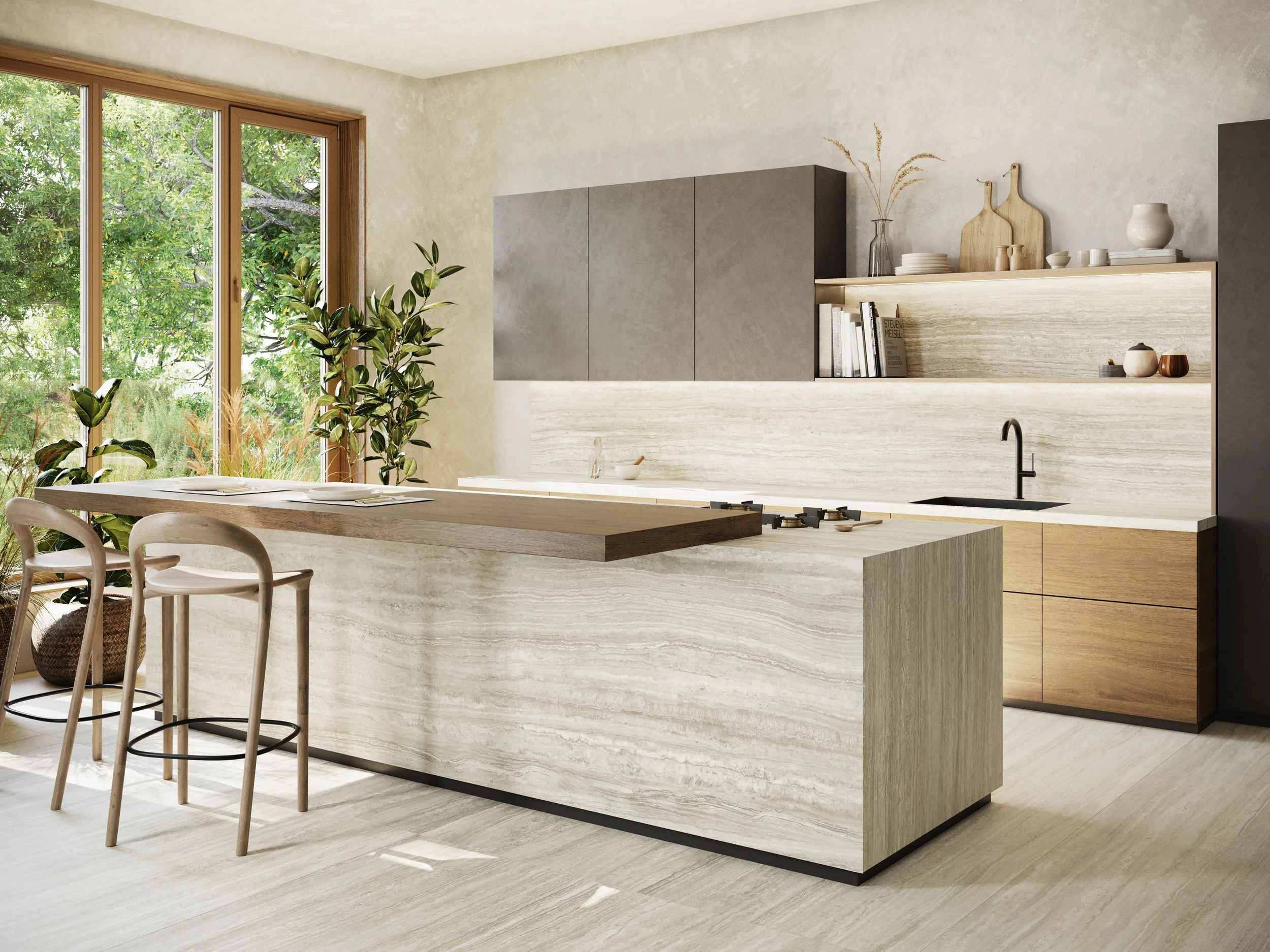 Modern kitchen with beige and wooden cabinetry, a kitchen island with a wooden countertop, two light-colored chairs, green plants by large window, minimalist shelves with dishes and decor, and a black faucet and stovetop.
