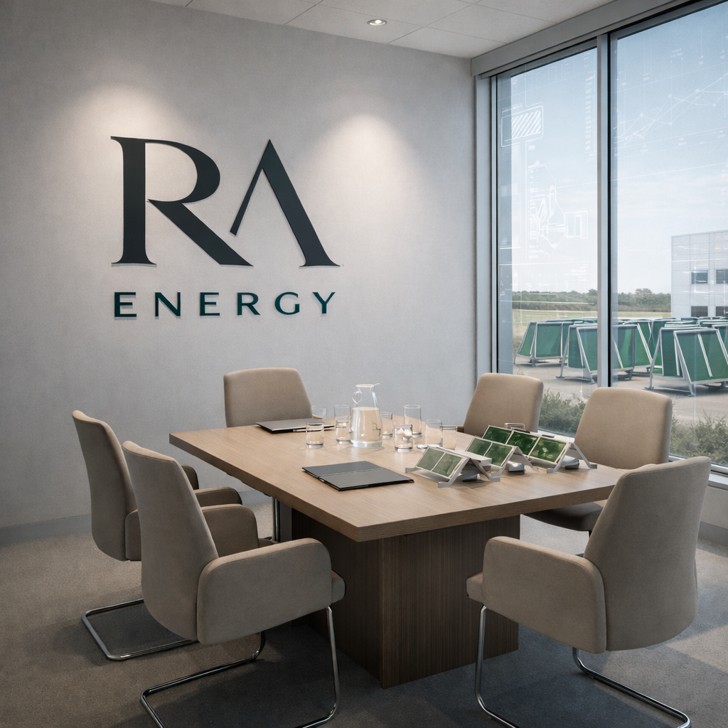 Modern conference room with a wooden table, six beige chairs, a glass pitcher, four glasses, black notebooks, and tablets on the table. Large window with a view of an outside seating area and a white building. Wall with a logo reading 'RA ENERGY'.