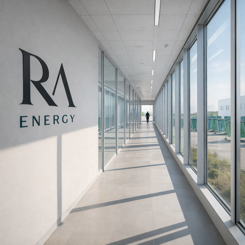 Long corridor with glass walls and ceiling lights, with a person walking and the logo 'RA ENERGY' on the wall.