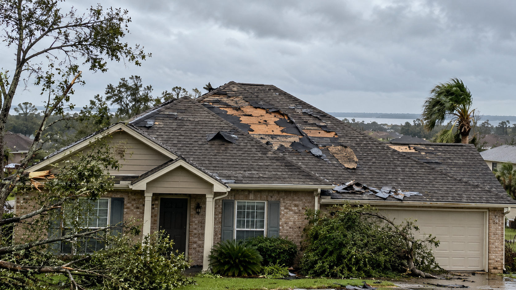 A roof with damaged and missing shingles, representing the roofing damage that happened in Pensacola, FL from Hurricane Isaias