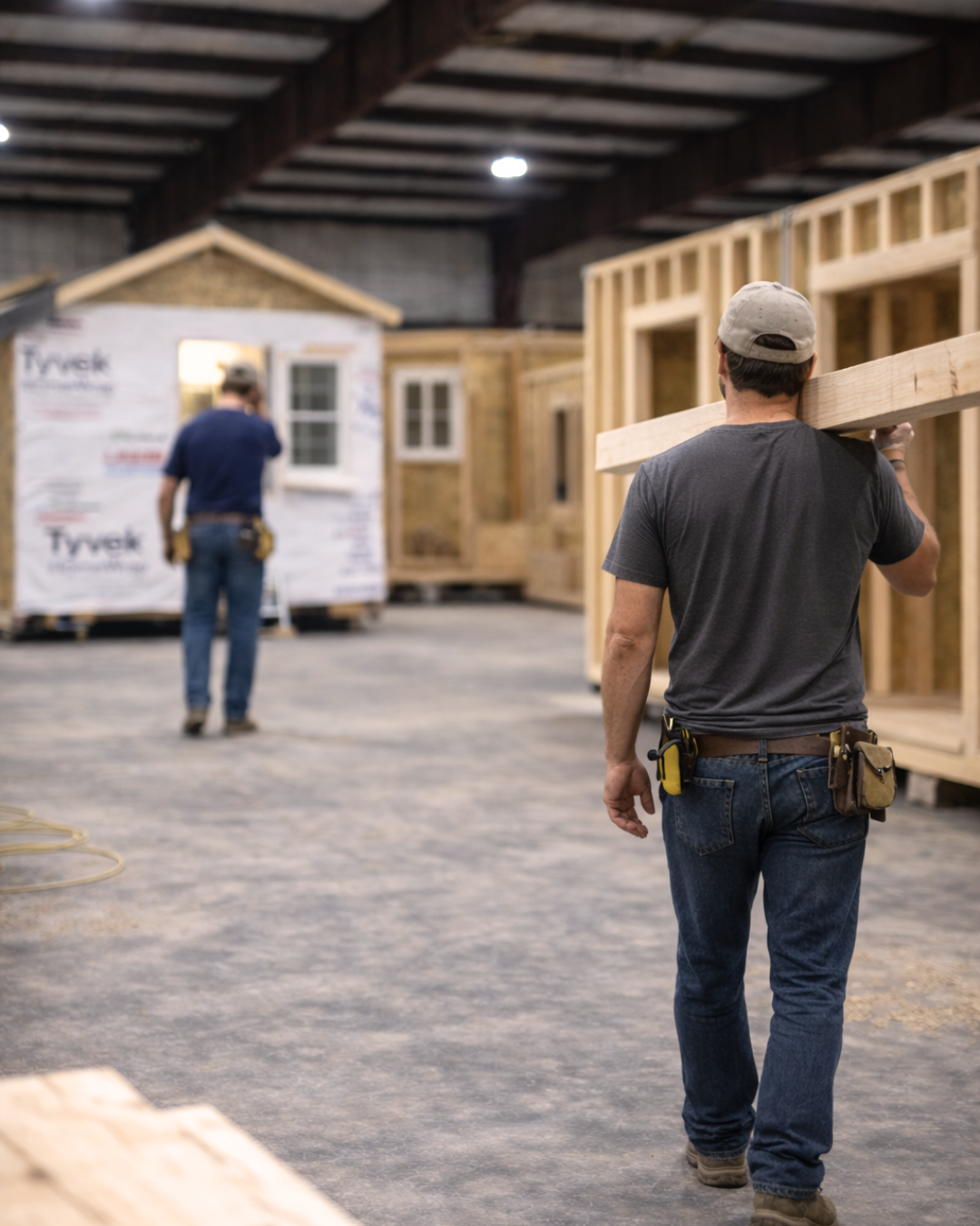 Two G2 Engineered Structures employees working inside the factory carrying wood for a home