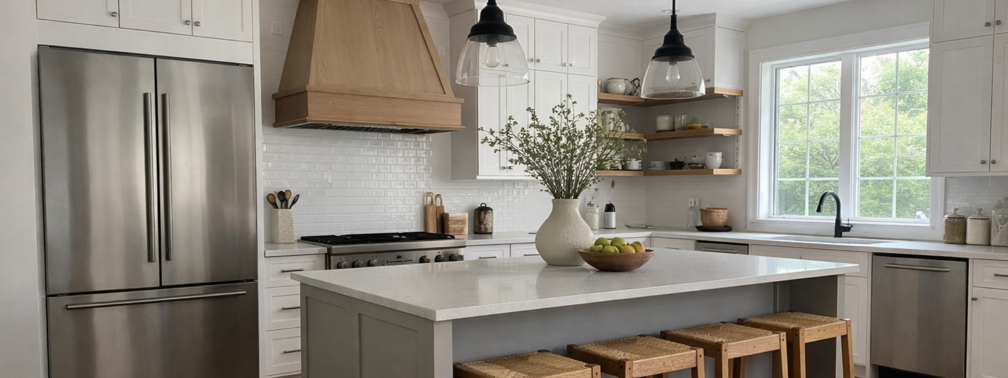 A grey and white modular home kitchen with modern accents and decor
