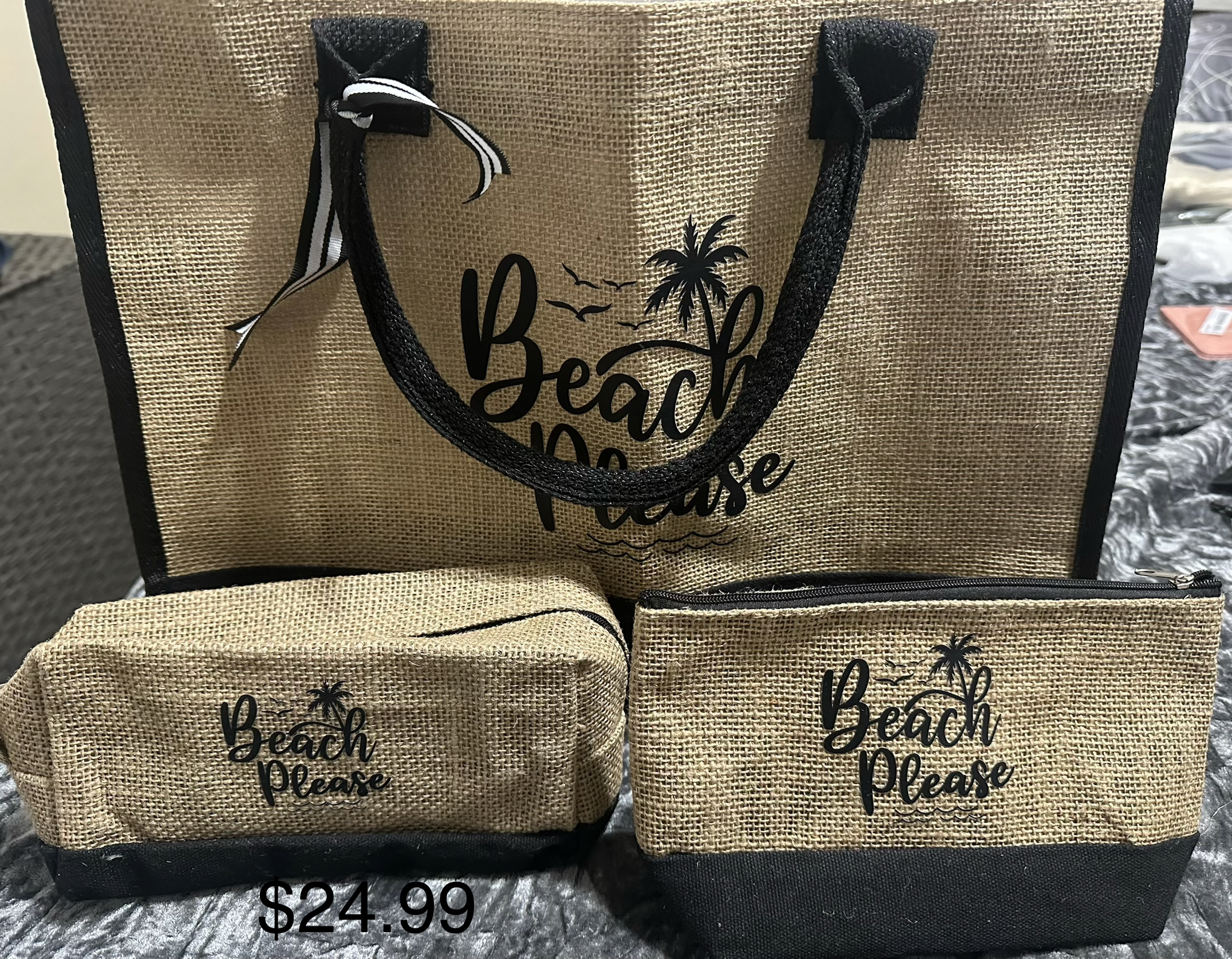 "Beach Please" 3 Piece Jute Tote Set
