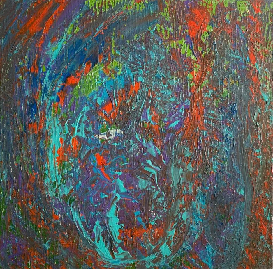Abstract painting entitled, Sonic Shake Up, by Kathryn Wiese, featuring large pareidolic face- shades of blue, purple, greens, orange, white.