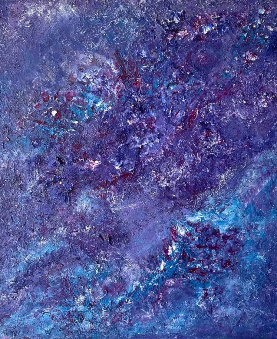 Abstract painting, called Cosmic Child,  by Kathryn Wiese, featuring a baby face and doll with a dress in colors of blue, white, purples, and magenta with patterns and texture resembling sea and celestial bodies.
