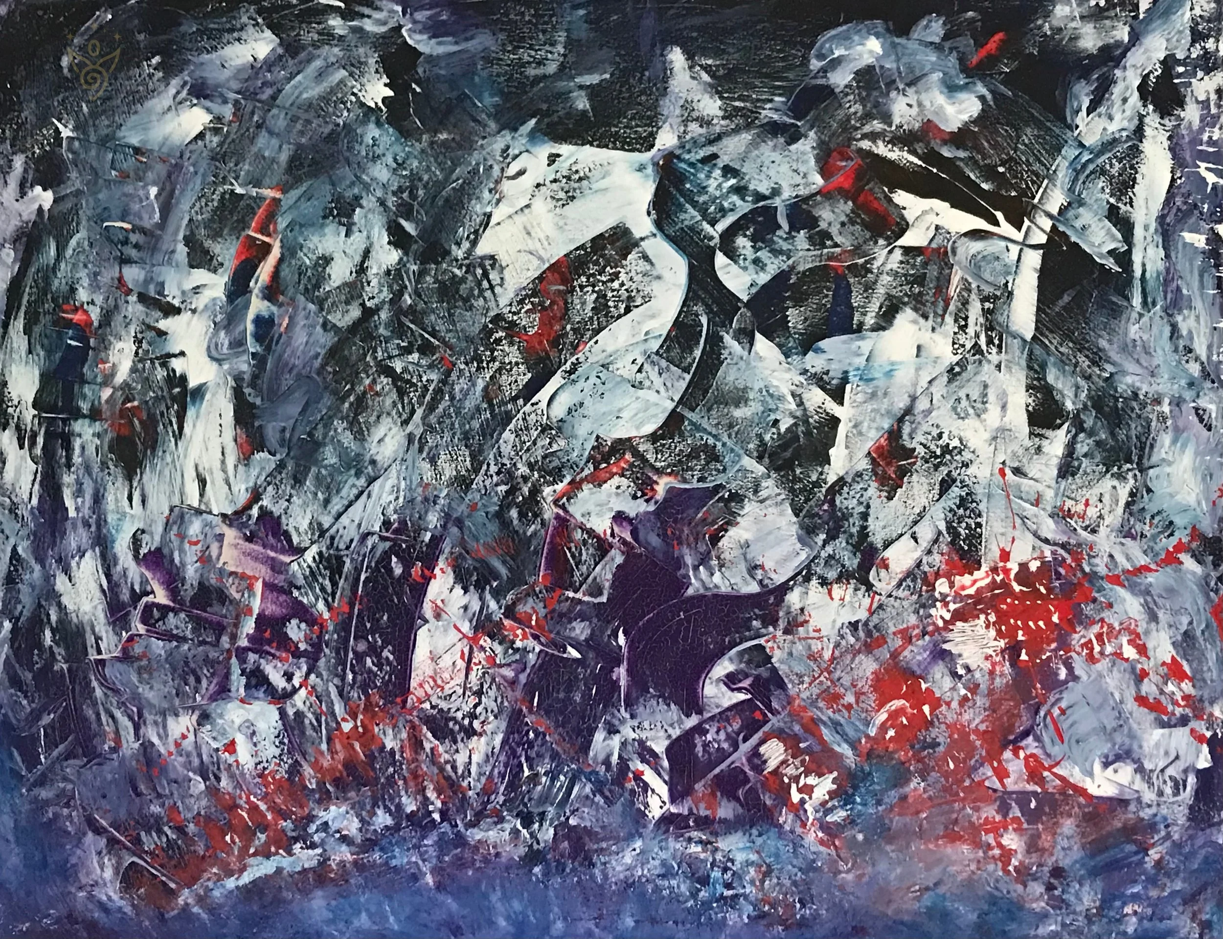 Contemporary abstract painting in layered tones of blues, purple, red and white with both prominent and subtle emerging faces and figures.