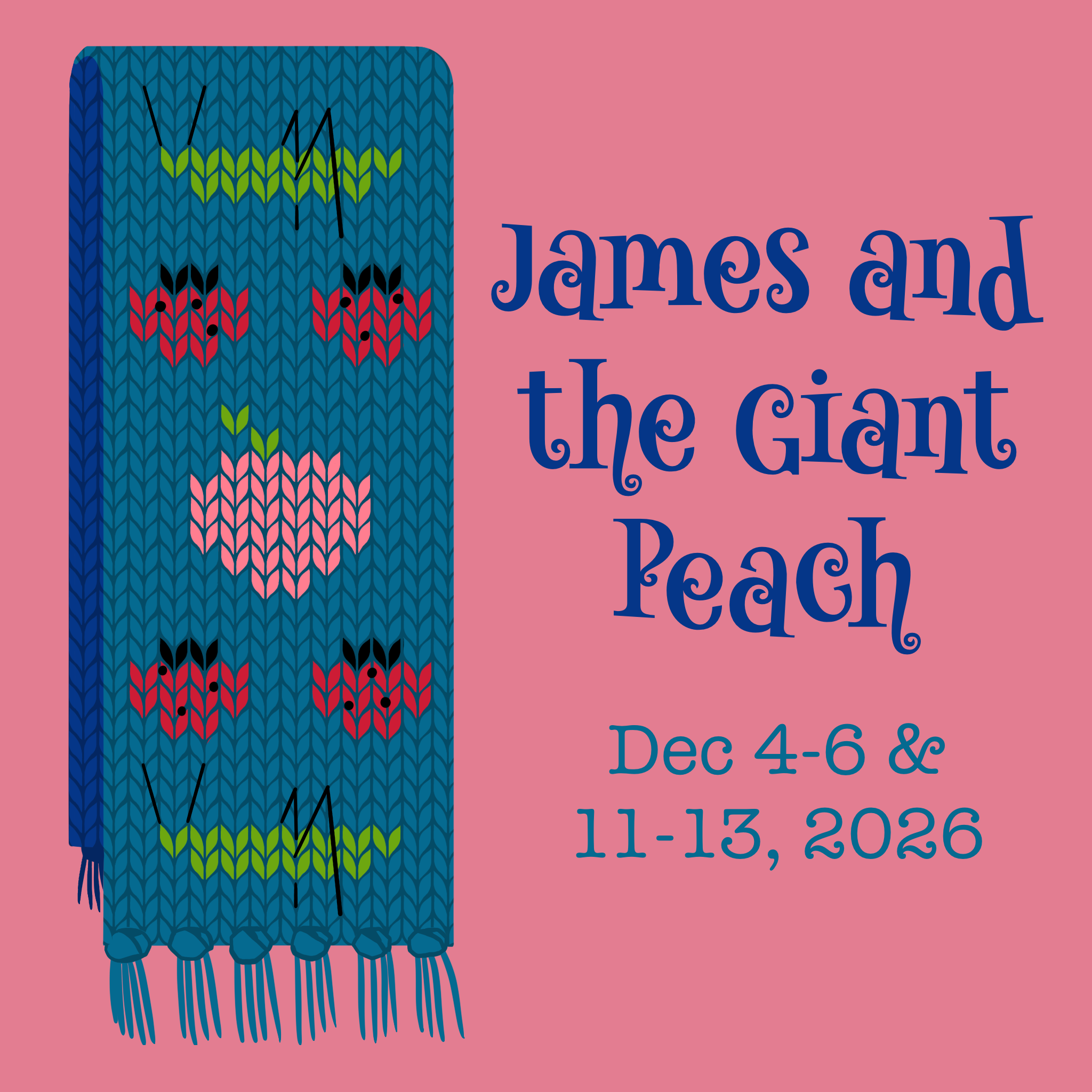 A knitted scarf with a peach and ladybugs on it