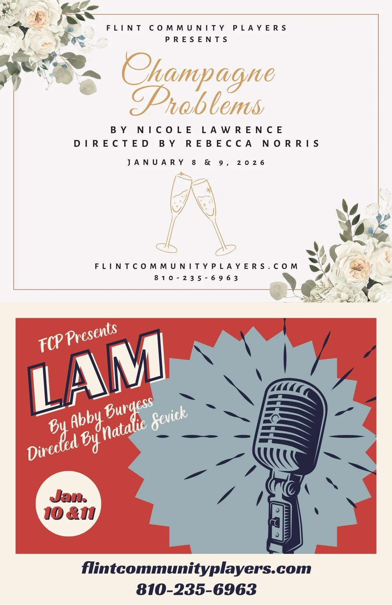 top half resembles a wedding invitation and reads "Champagne Problems" with florals and a line drawing of champagne glasses. Bottom half resembles a propaganda poster which reads "Lam By Abby Burgess" with a vector of a microphone.