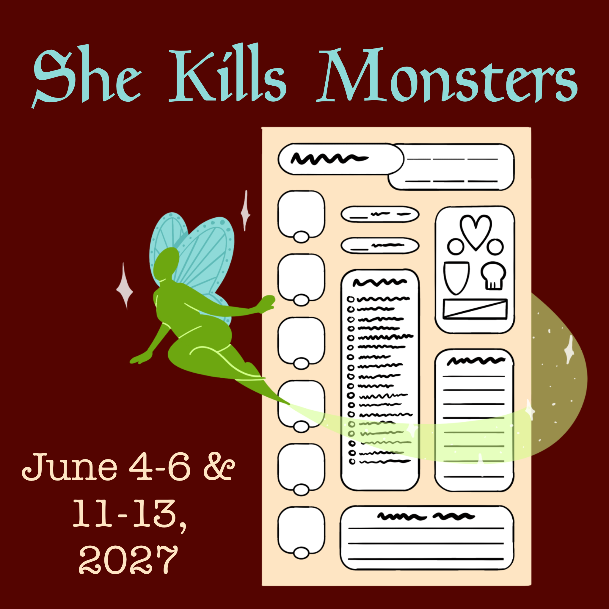A fairy flying from behind a D&D character sheet