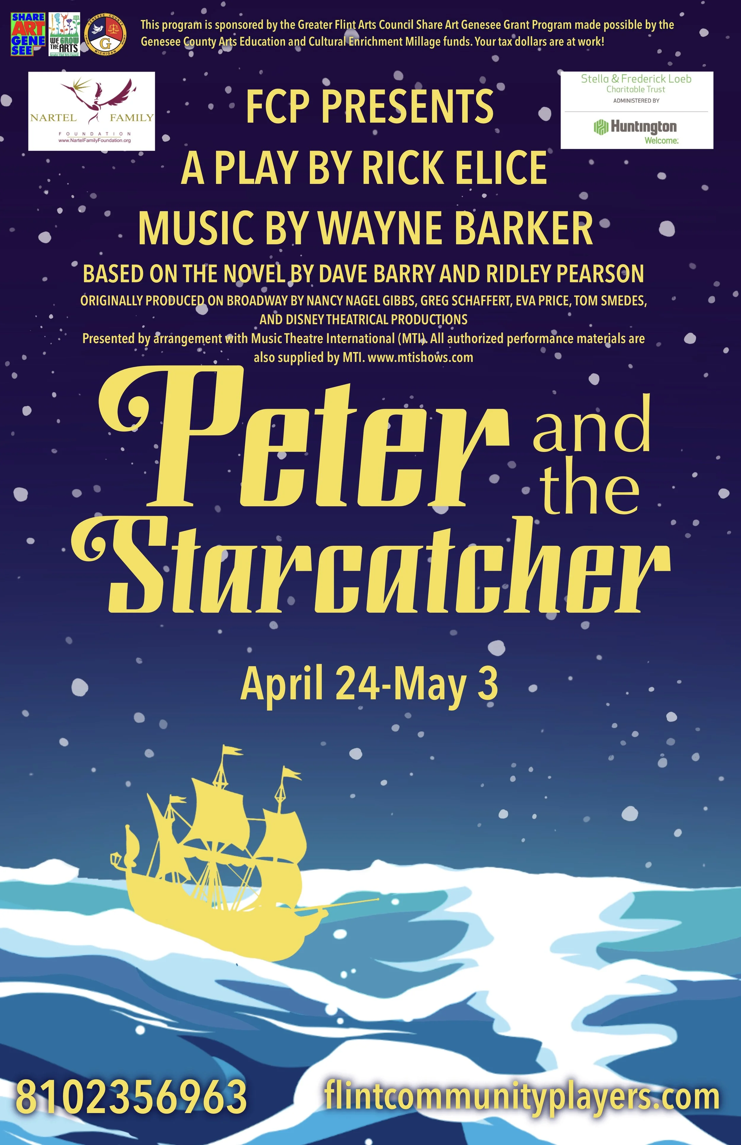 A poster for Peter and the Starcatcher at Flint Community Players. It depicts a yellow ship sailing in the ocean under a starry sky.