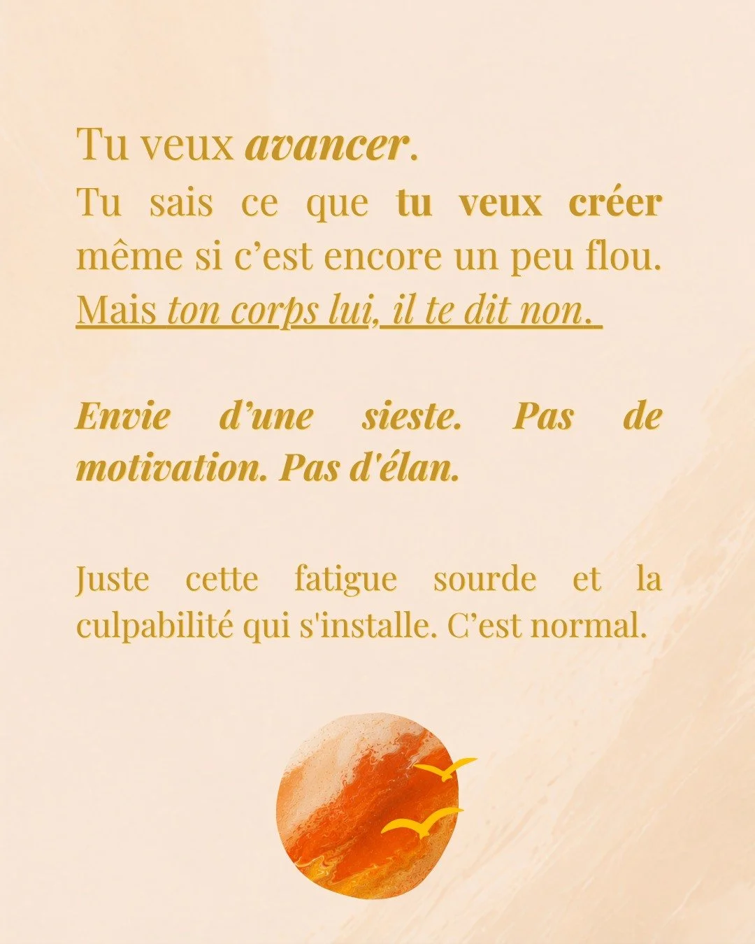 Tu as envie d&rsquo;une sieste, tu te sens &eacute;puis&eacute;e, tu n&rsquo;arrives pas &agrave; avancer et tu culpabilises. Oh je sais bien tout &ccedil;a. 

Enregistre ce post pour y revenir apr&egrave;s ta sieste que tu t&rsquo;AUTORISES pleineme