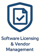 Icon of a shield with a checkmark on a document, representing software licensing and vendor management.