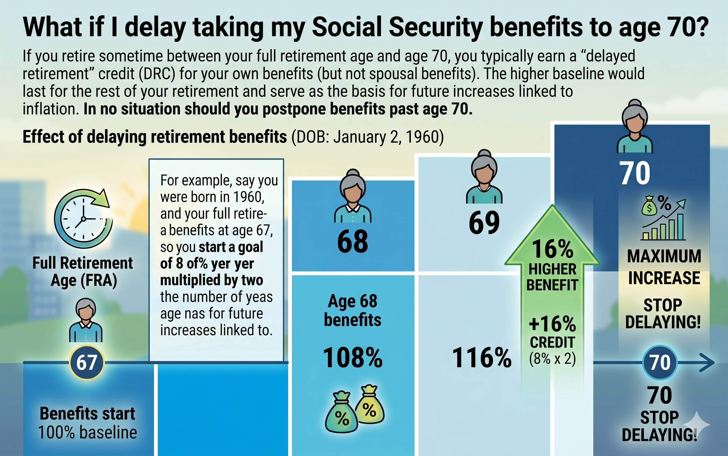 Infographic showing the financial effect of delaying Social Security benefits from age 67 to 70 for someone born in 1960. A bar chart illustrates the benefit increasing from 100% at age 67 to 124% at age 70.