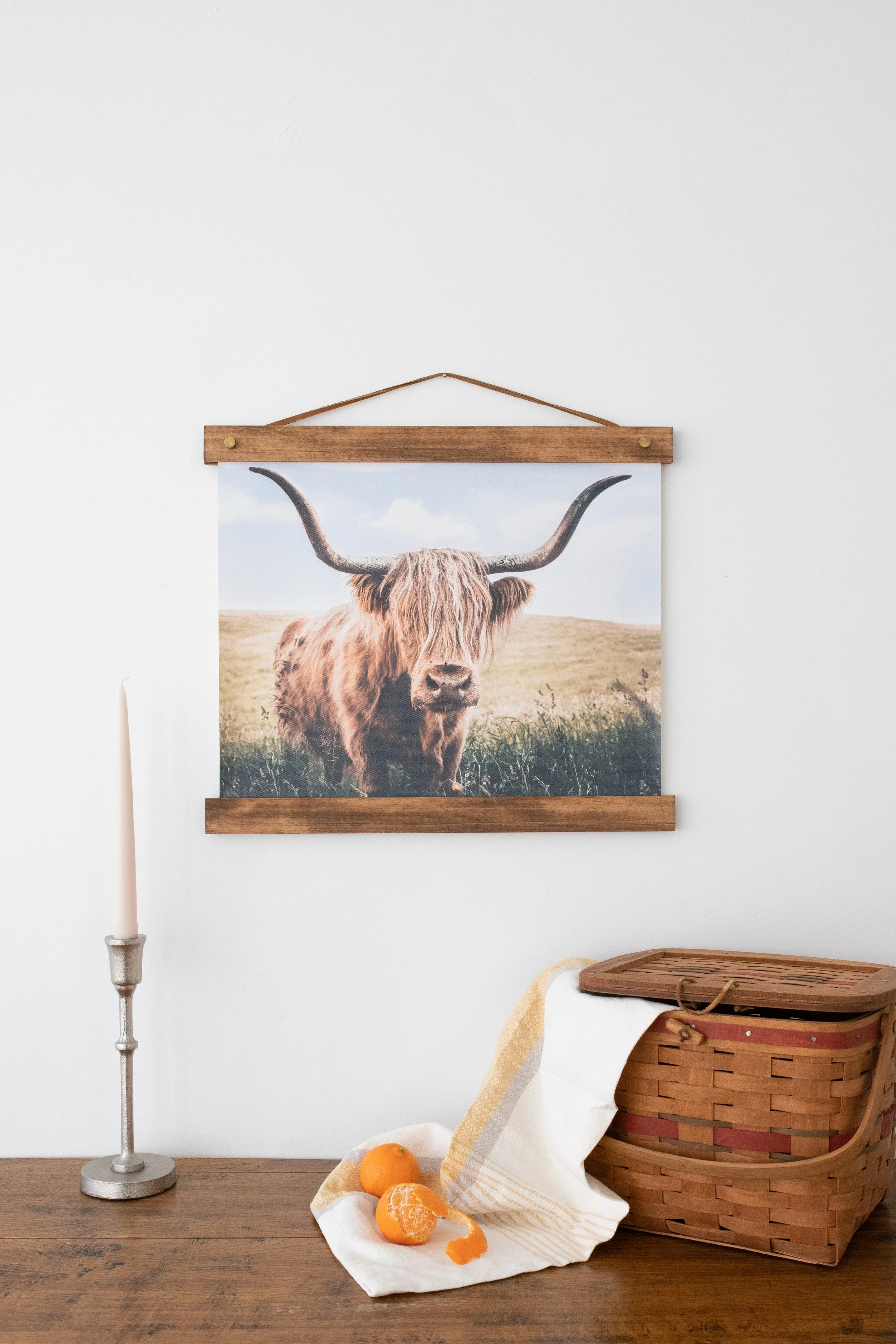 A framed photo of a Highland cow with long horns hanging on a white wall.