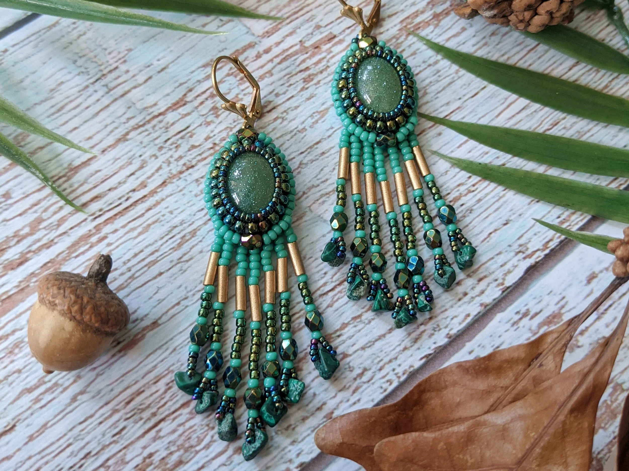 Small green and gold fringe earrings with malachite
