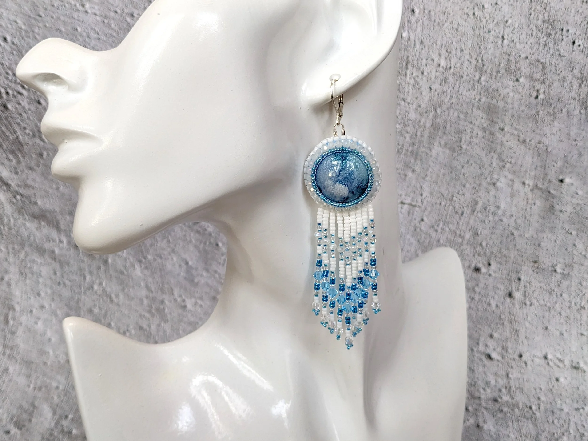 Blue and white fringe earrings