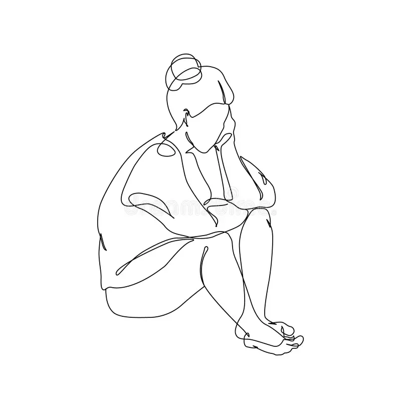 Line drawing of a woman sitting with her head resting on her hand, appearing contemplative.